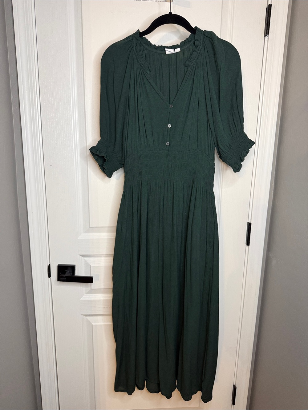 GAP Dark Green Smocked Midi Dress with Ruffle Neckline